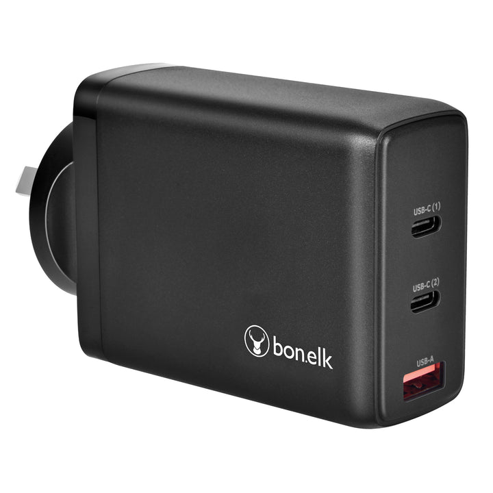 Bonelk 100W PD GaN Wall Charger, 2 x USB-C, 1 x USB-A - Black