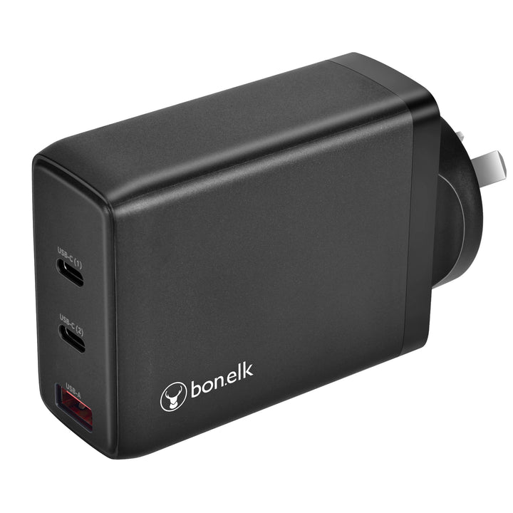 Bonelk 100W PD GaN Wall Charger, 2 x USB-C, 1 x USB-A - Black