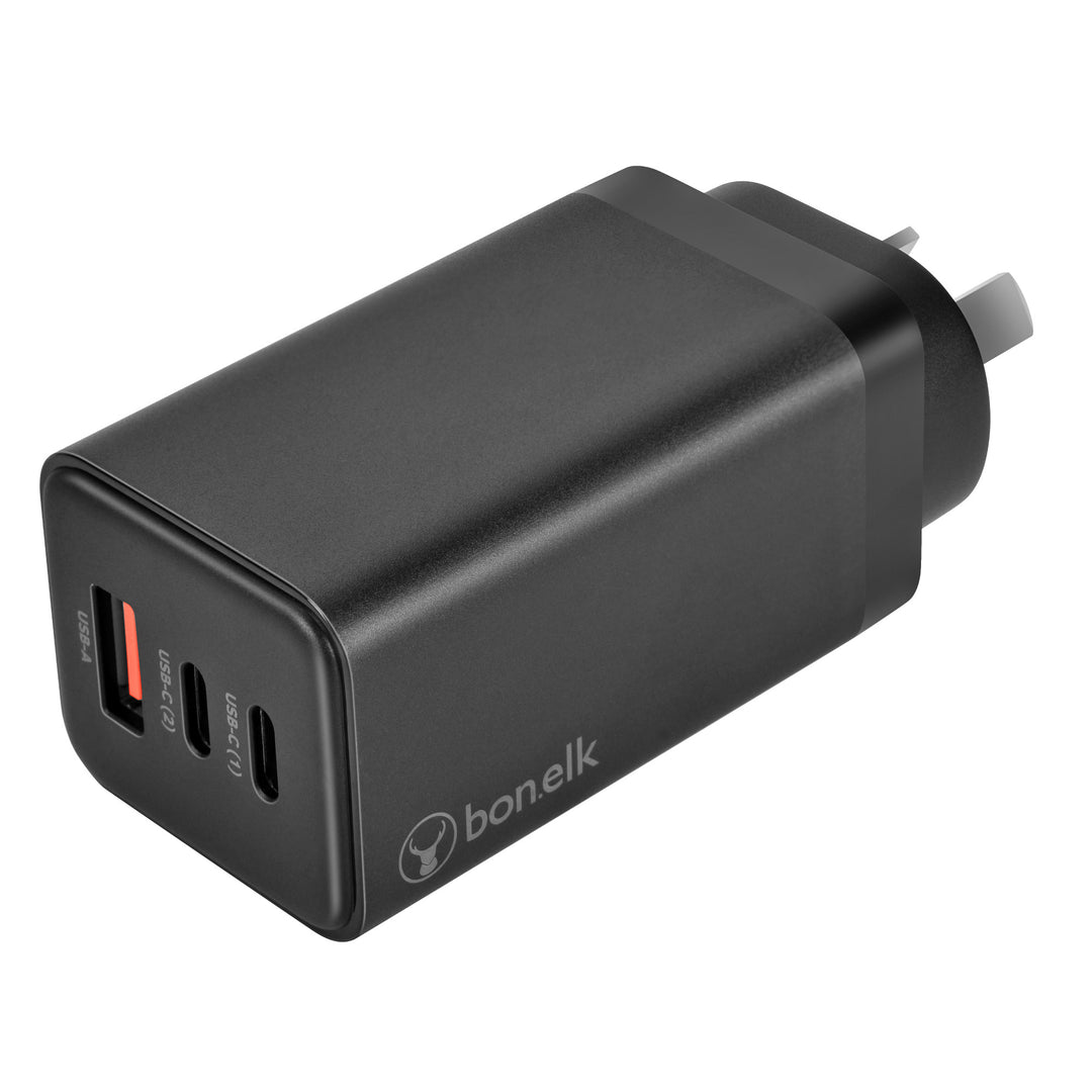 Bonelk 65W PD GaN Wall Charger, 2 x USB-C, 1 x USB-A - Black