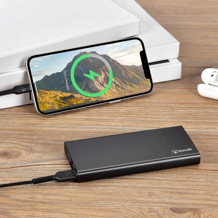 Bonelk 10k mAh Power Bank Slim Eco Series, 1 x USB-C PD20W, 2 x USB-A QC18W - Black